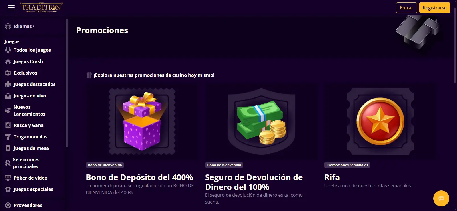 Promociones de Tradition Casino con el bono del 400 %